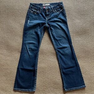 BKE Kate Jeans Boot Cut Blue Whisker Stretch Faded Dark Cotton Wash 27 X 29 1/2